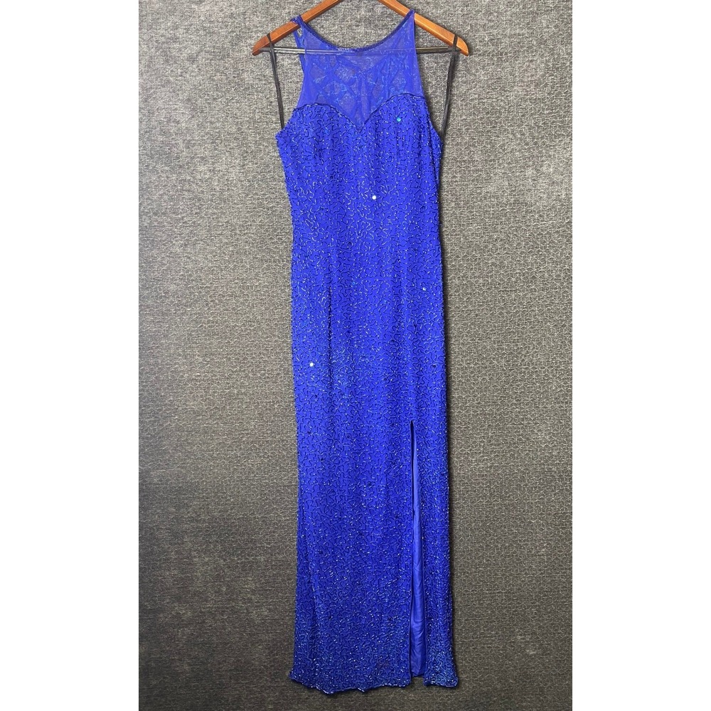 Andretta Donatello Vintage Royal Blue Beaded Sequin Lattice Back Gown Dress